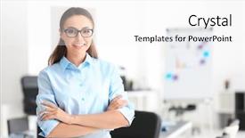  Presentation with office - Slide deck enhanced with meeting objectives - young beautiful woman in office background and a white colored foreground