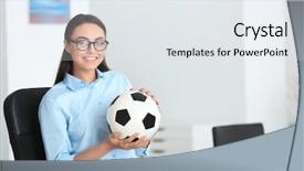  Presentation with soccer - Audience pleasing PPT theme consisting of meeting objectives - young beautiful woman with soccer backdrop and a sky blue colored foreground