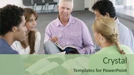  Presentation with bible study - Beautiful slide deck featuring meeting of bible study group backdrop and a mint green colored foreground