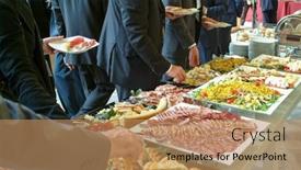  Presentation with food service - PPT layouts with meeting-of-business-people-during background and a coral colored foreground
