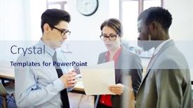  Presentation with organization - Presentation design having meeting of colleagues from business organization reading and discussing papers background and a sky blue colored foreground