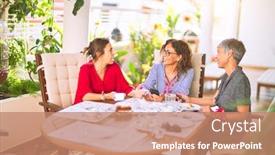 Presentation with women meeting - Cool new theme with meeting of middle age women having lunch and drinking coffee mature friends smiling happy using smartphone at home on a sunny day backdrop and a coral colored foreground