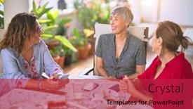  Presentation with women meeting - PPT theme having meeting of middle age women having lunch and drinking coffee mature friends smiling happy using smartphone at home on a sunny day background and a crimson colored foreground