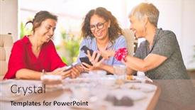  Presentation with women meeting - Audience pleasing slide set consisting of meeting of middle age women having lunch and drinking coffee mature friends smiling happy using smartphone at home on a sunny day backdrop and a coral colored foreground