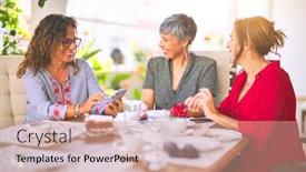 Presentation with women meeting - Presentation design with meeting of middle age women having lunch and drinking coffee mature friends smiling happy using smartphone at home on a sunny day background and a coral colored foreground