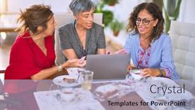  Presentation with women meeting - Colorful PPT theme enhanced with meeting-of-middle-age-women backdrop and a light blue colored foreground
