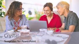  Presentation with women meeting - Slides having meeting-of-middle-age-women background and a light blue colored foreground