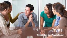  Presentation with group support - Cool new presentation design with meeting of support group backdrop and a coral colored foreground