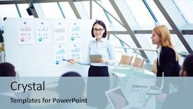  Presentation with statistics - Slide deck featuring financial statistics to her partners background and a light blue colored foreground