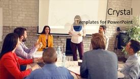  Presentation with company achievement - PPT layouts with employees chart - female employee on meeting reads background and a lemonade colored foreground