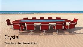  Presentation with board meeting room chairs - Amazing slide deck having meeting room by the water backdrop and a coral colored foreground