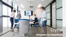  Presentation with blue and orange business people - Cool new slides with meeting room modern office interior backdrop and a gray colored foreground