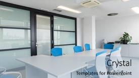  Presentation with blue and orange business people - Beautiful presentation design featuring meeting room modern office interior backdrop and a light blue colored foreground