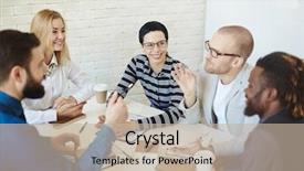  Presentation with group discussion - Slide set featuring meeting room with multiethnic group background and a mint green colored foreground