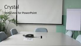  Presentation with board meeting room chairs - Amazing PPT theme having meeting room with projection screen backdrop and a  colored foreground