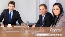  Presentation with team people hugging - Slides having meeting sitting at big background and a coral colored foreground