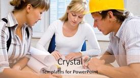  Presentation with meeting table - Beautiful presentation theme featuring meeting the team of engineers working on a construction project at the table backdrop and a coral colored foreground