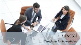  Presentation with meeting - Beautiful PPT theme featuring meeting to discuss the situation backdrop and a light blue colored foreground