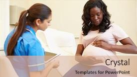  Presentation with nurse meeting a family - PPT theme having meeting with pregnant woman background and a coral colored foreground