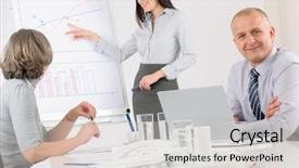  Presentation with flip chart - Presentation having meeting woman pointing flip chart background and a light gray colored foreground