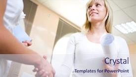  Presentation with women meeting - Slide deck consisting of 1 1 meetings - friendly businesswoman keeps women's hands background and a sky blue colored foreground