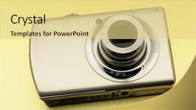  Presentation with golden 50th wedding aniversary - Cool new presentation with mega pixels - compact digital camera over golden backdrop and a blonde colored foreground