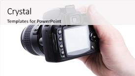  Presentation with hand touching finger digital - Presentation featuring mega pixels - digital photo camera in hand background and a  colored foreground