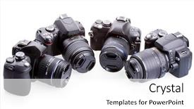  Presentation with cameras - PPT theme featuring mega pixels - digital photo cameras isolated background and a  colored foreground