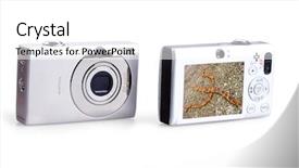  Presentation with cameras - Beautiful PPT theme featuring mega pixels - digital photo cameras isolated backdrop and a  colored foreground