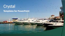  Presentation with private sector partnerships - Colorful presentation theme enhanced with mega wealth - large white private yacht alongside backdrop and a teal colored foreground