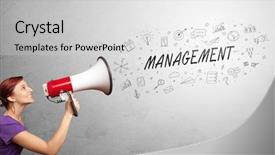  Presentation with management - Slide deck having megaphone and yelling business management background and a light gray colored foreground