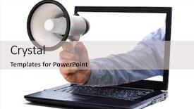  Presentation with monitor computer - Slide deck featuring megaphone through a laptop computer background and a soft green colored foreground