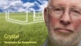  Presentation with melancholy - Colorful presentation design enhanced with melancholy senior man with green grass field and ghosted house behind him backdrop and a tawny brown colored foreground