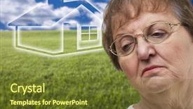  Presentation with melancholy - Slide set having melancholy senior woman with green grass field and ghosted house behind her background and a tawny brown colored foreground