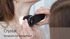  Presentation with melanoma - Presentation design consisting of melanoma - doctor examining birthmarks and moles background and a mint green colored foreground