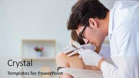  Presentation with skin doctor - Slide set consisting of melanoma - doctor examining the skin background and a  colored foreground