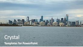  Presentation with melbourne - PPT theme having melbourne city view reflecting sunset background and a gray colored foreground