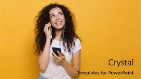  Presentation with teal and yellow music - Cool new PPT theme with melody - image of european woman 20s backdrop and a gold colored foreground