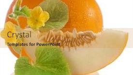  Presentation with fruit melon - Amazing slide set having melon fruit with flowers and leaves isolated on a white background backdrop and a gold colored foreground