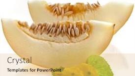  Presentation with fruit melon - Theme with melon fruit with flowers and leaves isolated on a white background background and a yellow colored foreground