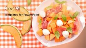  Presentation with melon - Presentation consisting of melon-salad-with-prosciutto-ham background and a coral colored foreground