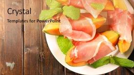  Presentation with phyto essential basil aroma oil - Theme having melon with ham and basil background and a coral colored foreground