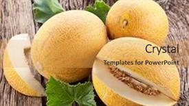  Presentation with old wooden table food - Colorful presentation theme enhanced with melon with melon slices backdrop and a yellow colored foreground