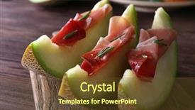  Presentation with melon - Audience pleasing slide deck consisting of melon with prosciutto of parma ham on wooden table closeup backdrop and a tawny brown colored foreground