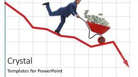  Presentation with people lost money fired businessman - PPT layouts consisting of meltdown - businessman pushing money wheelbarrow down background and a cool aqua colored foreground