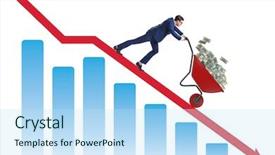  Presentation with people lost money fired businessman - PPT layouts featuring meltdown - businessman pushing money wheelbarrow down background and a sky blue colored foreground