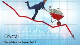  Presentation with people lost money fired businessman - Colorful PPT layouts enhanced with meltdown - businessman pushing money wheelbarrow down backdrop and a light blue colored foreground