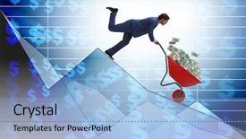  Presentation with people lost money fired businessman - Slides consisting of meltdown - businessman pushing money wheelbarrow down background and a light blue colored foreground