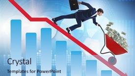  Presentation with money - Amazing PPT theme having meltdown - businessman pushing money wheelbarrow down backdrop and a light blue colored foreground