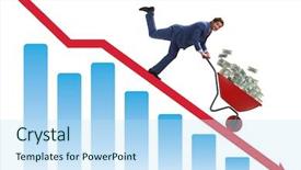 Presentation with people lost money fired businessman - Colorful presentation theme enhanced with meltdown - businessman pushing money wheelbarrow down backdrop and a sky blue colored foreground